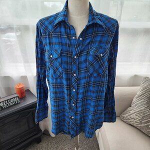 Wrangler Rancher Shirt Men's Large Blue Plaid Check Western Pearl Snap N2